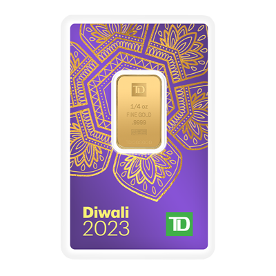 A picture of a 1/4 oz TD Diwali Gold Bar (2023)